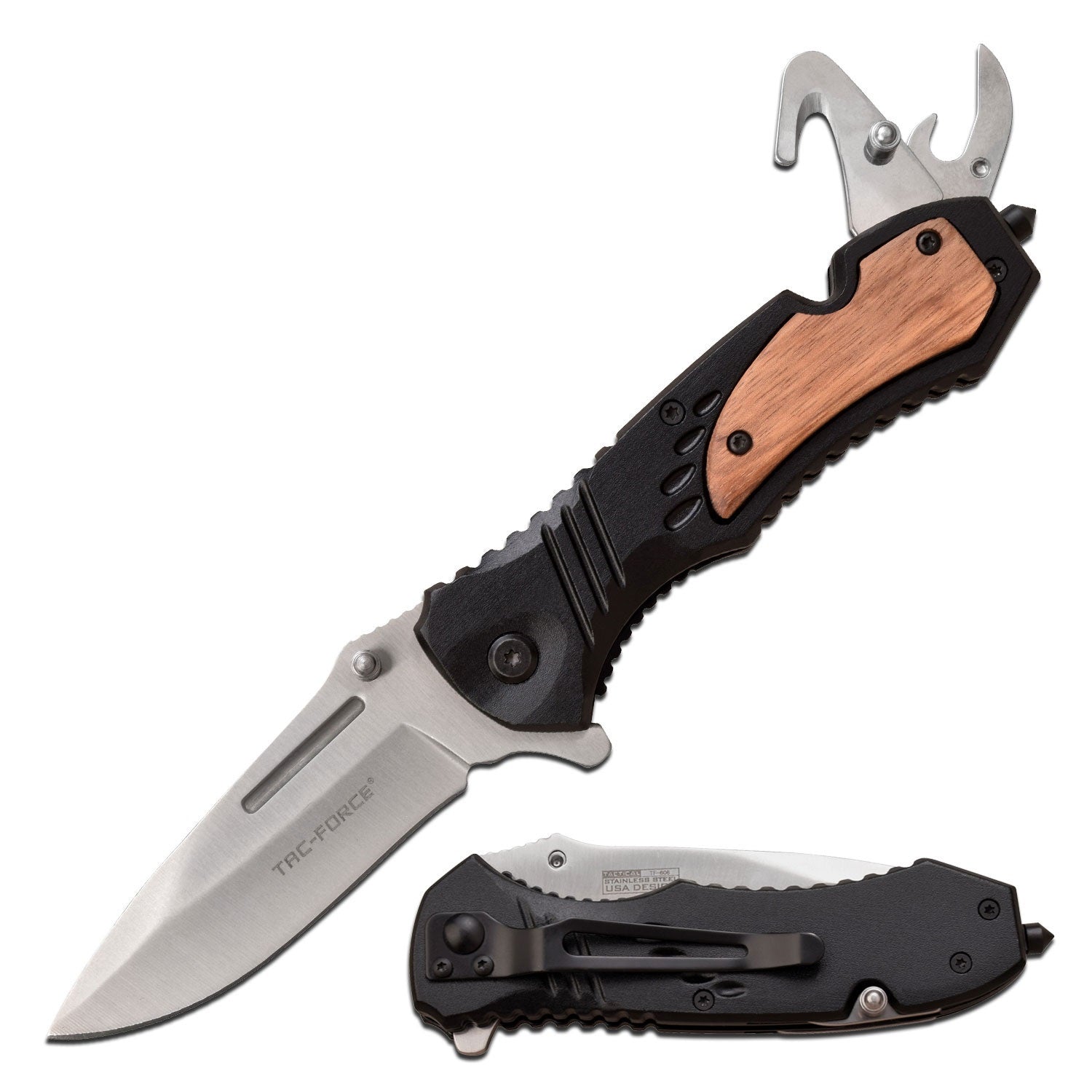 Brown Spring Assist Knife Multi Tool With Can Opener, Rope Cutter, Glass Breaker - Tophatter's Guns'N'Weapons Store Collectible Weapons - Tophatter Daily Deals