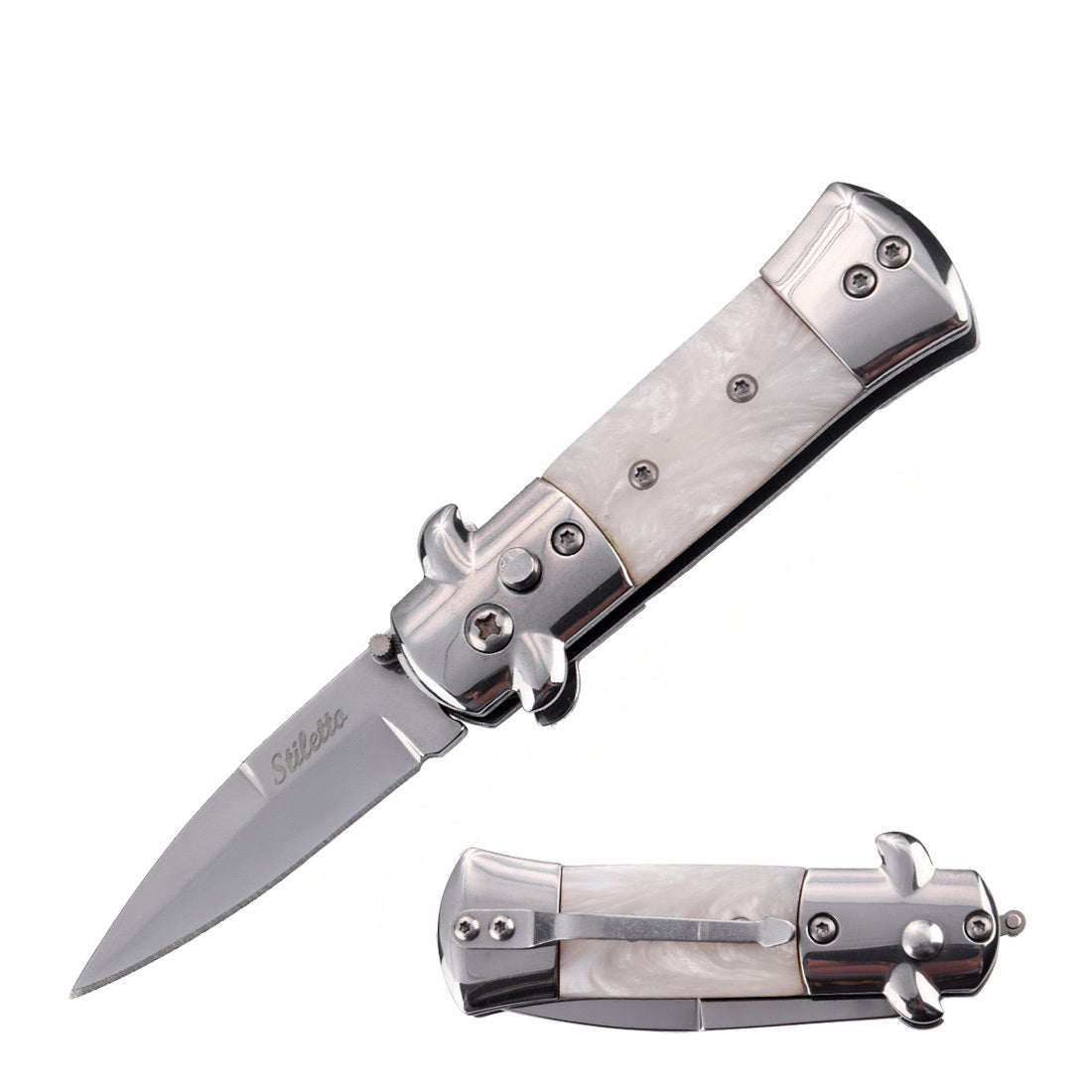 5.65" Mini Stiletto Switch Blade Automatic Knife - White Pearl Handle - Tophatter's Guns'N'Weapons Store Collectible Weapons - Tophatter Daily Deals