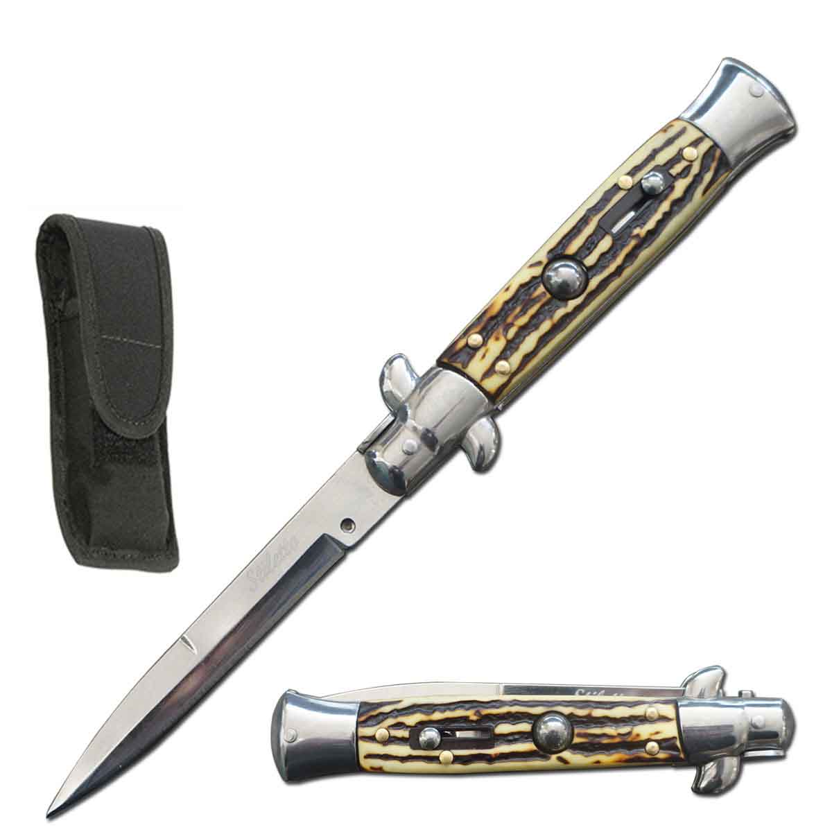 8.75" Italian Stiletto Automatic Switch Blade Knife Stag Handle - Tophatter's Guns'N'Weapons Store Collectible Weapons - Tophatter Daily Deals