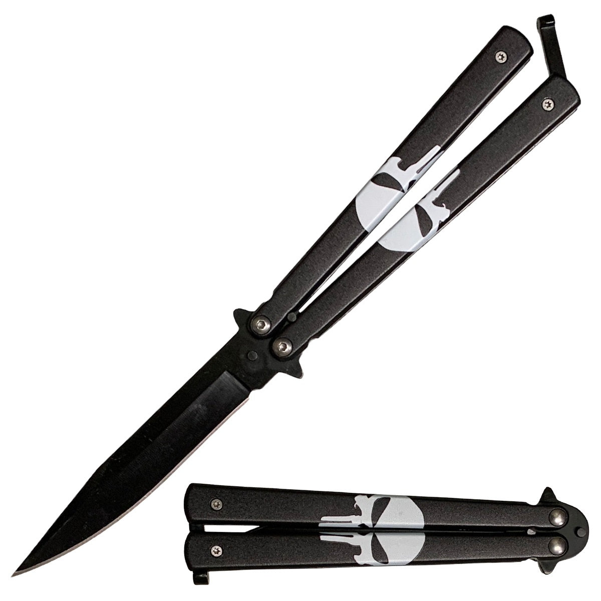 5" Closed Stainless Steel Butterfly Knife - Skull Punisher Collectible Weapons - Tophatter Daily Deals
