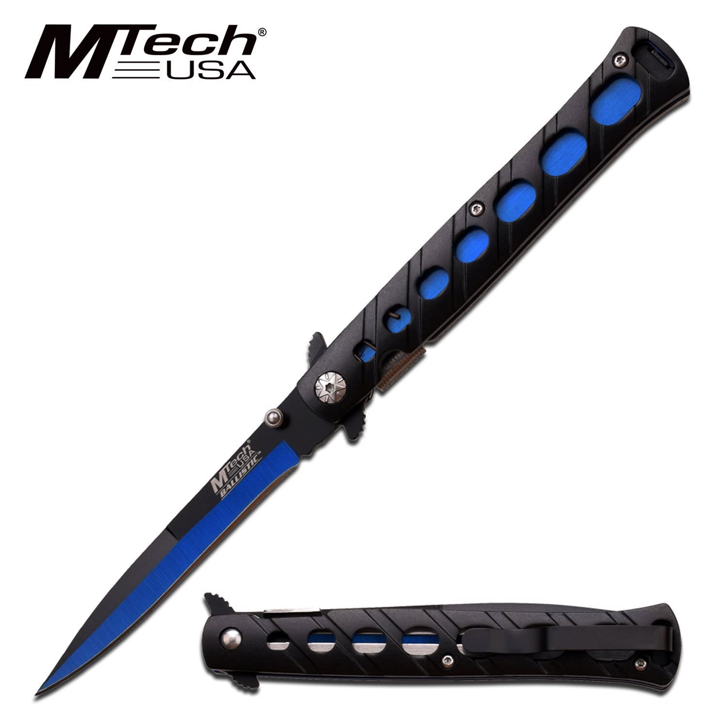 Spring Assist Pocket Folding Knife Mtech Black Blue Tactical Stiletto Blade - Tophatter's Guns'N'Weapons Store Collectible Weapons - Tophatter Daily Deals