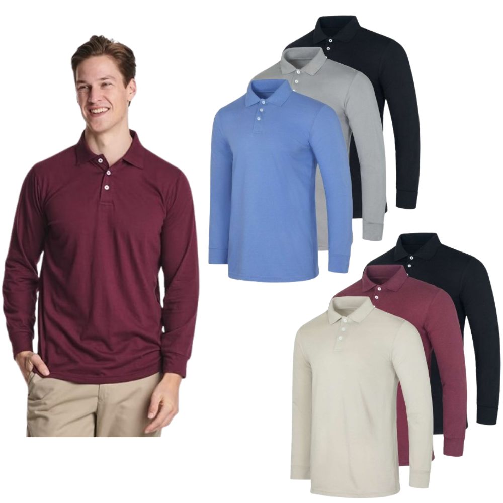 (6-Pack) Men's Cotton Jersey Long-Sleeve Polo Shirts Men's Tops - Tophatter Daily Deals