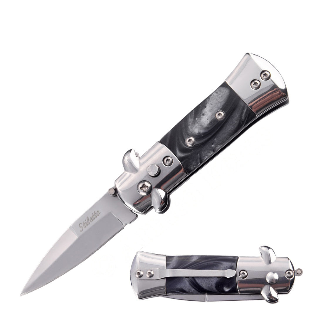 5.65" Mini Stiletto Switch Blade Automatic Knife - Black Pearl Handle - Tophatter's Army Products & Self Defense Collectible Weapons - Tophatter Daily Deals