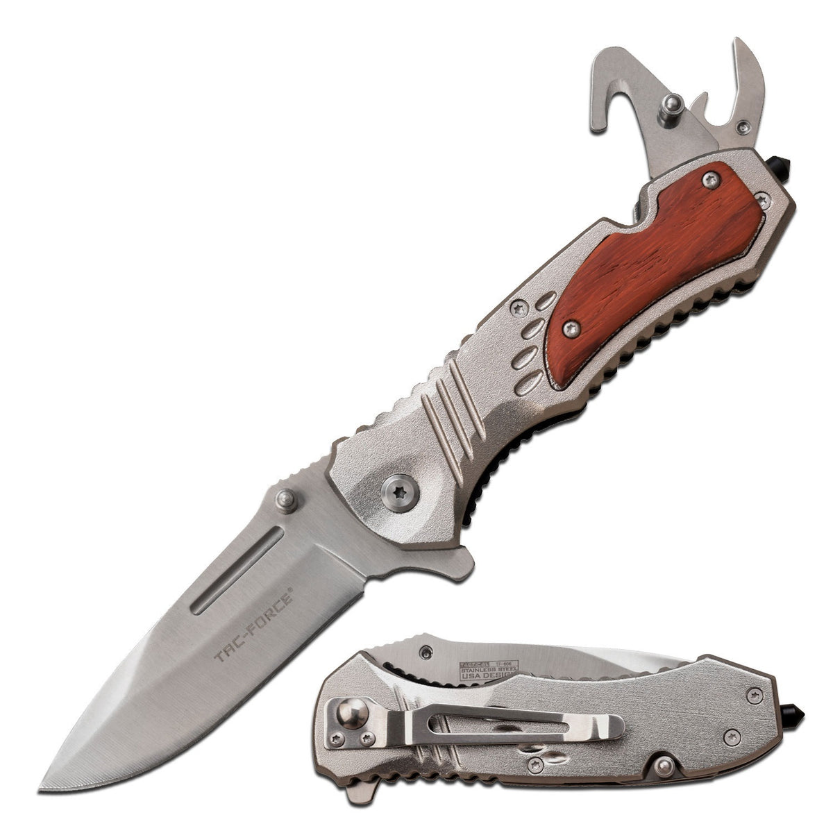 Spring Assist Knife Multi Tool With Can Opener, Rope Cutter, Glass Breaker - Tophatter's Guns'N'Weapons Store Collectible Weapons - Tophatter Daily Deals