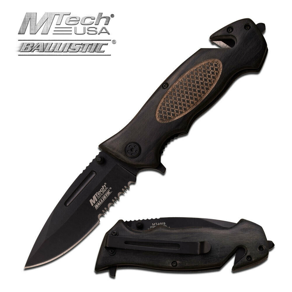 M-Tech Ballistic Escape Black Pakkawood Spring Assisted Knife - Serrated - Tophatter's Army Products & Self Defense Collectible Weapons - Tophatter Daily Deals
