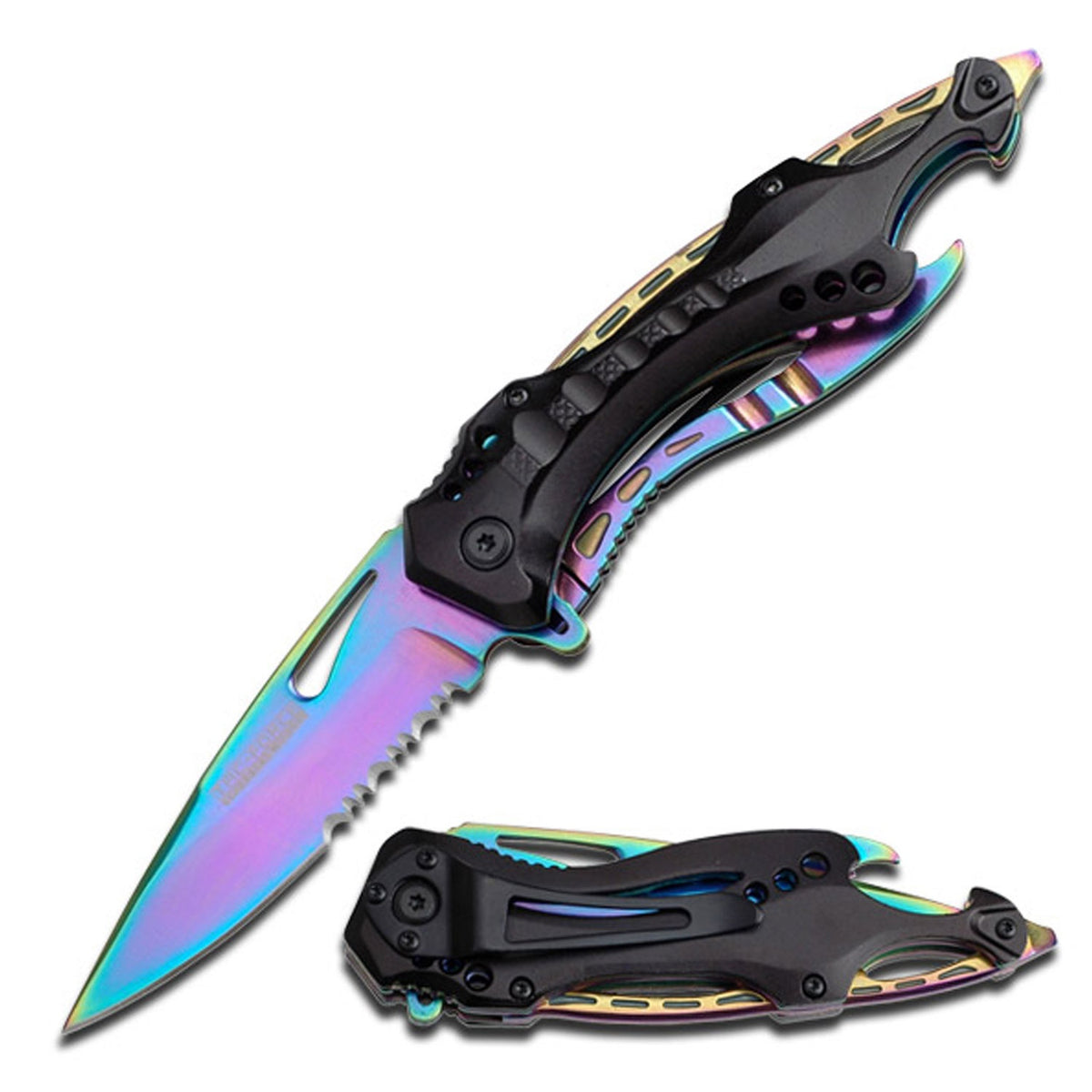Spring Assist Folding Pocket Knife Serrated Rainbow Survival EDC - Tophatter's Guns'N'Weapons Store Collectible Weapons - Tophatter Daily Deals