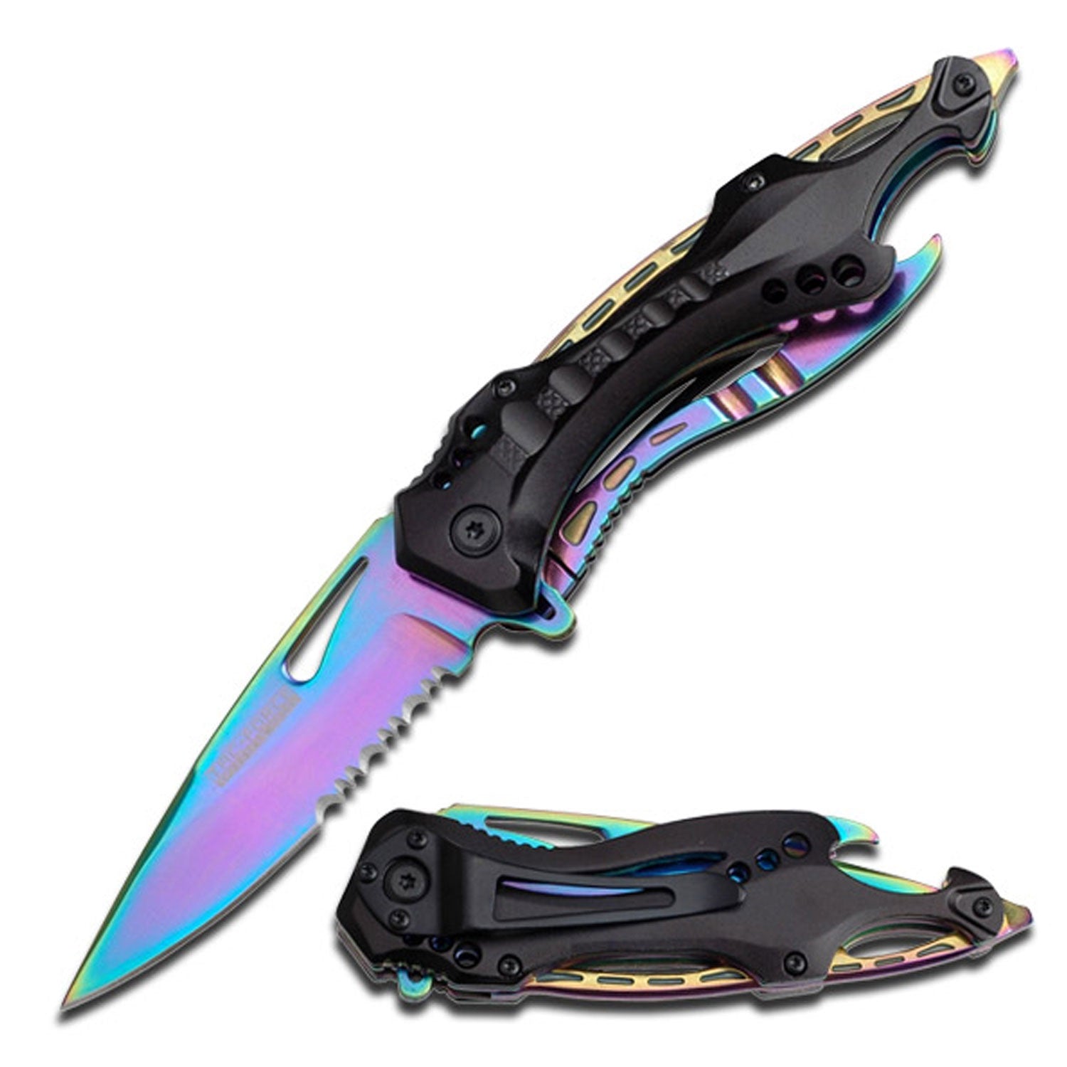 Spring Assist Folding Pocket Knife Serrated Rainbow Survival EDC - Tophatter's Guns'N'Weapons Store - FREE SHIPPING Collectible Weapons - Tophatter Daily Deals