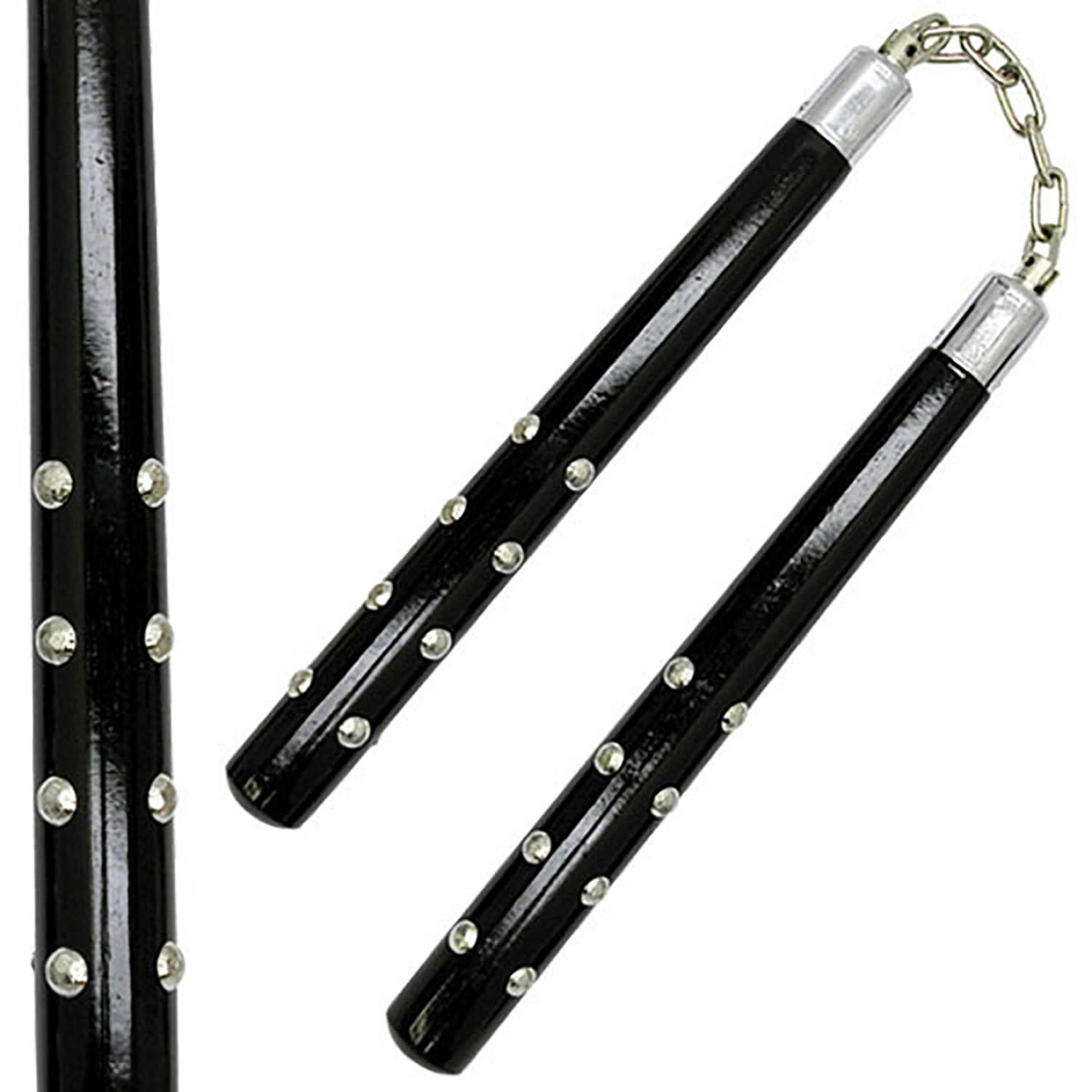 12" Black Wooden Nunchaku with Chrome Studs Collectible Weapons - Tophatter Daily Deals