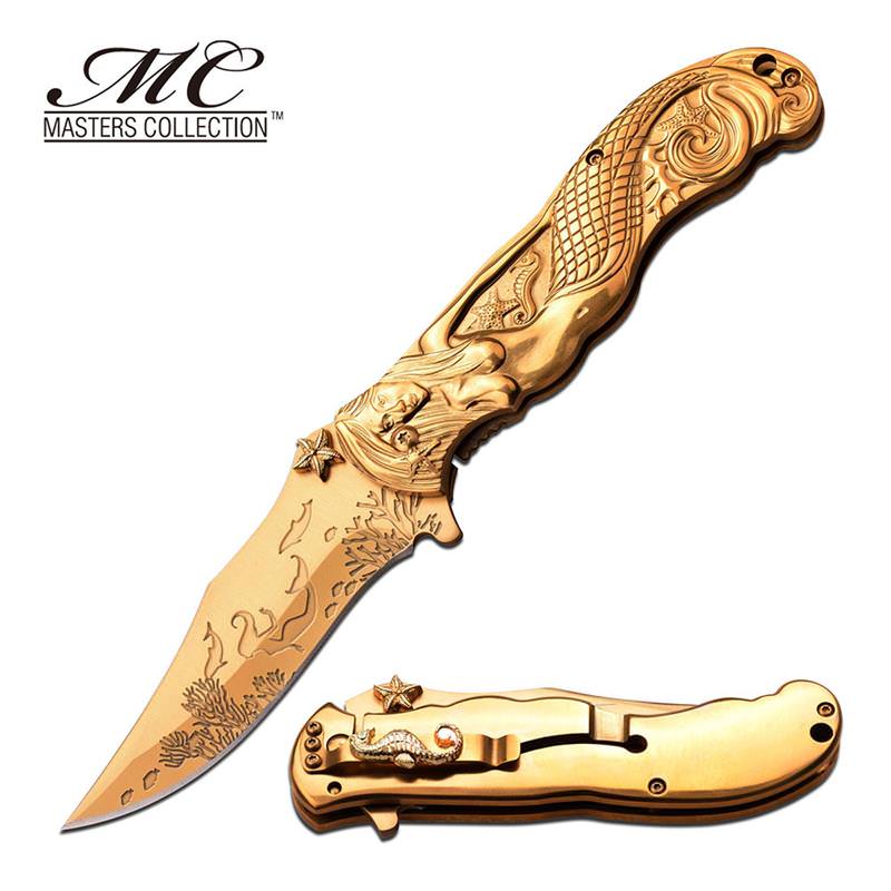 Master Collection Ballistic Assisted Gold Chrome Mermaid Pocket Knife - Tophatter's Inc. Weapons Store Online Collectible Weapons - Tophatter Daily Deals