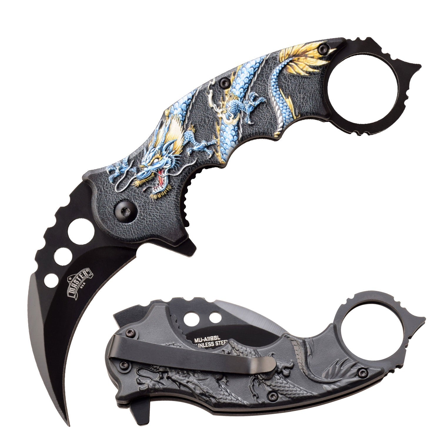 Blue Dragon Karambit Tactical Spring Assist Knife With Finger Ring - TOPHATTER'S ARMORY DEALS Collectible Weapons - Tophatter Daily Deals