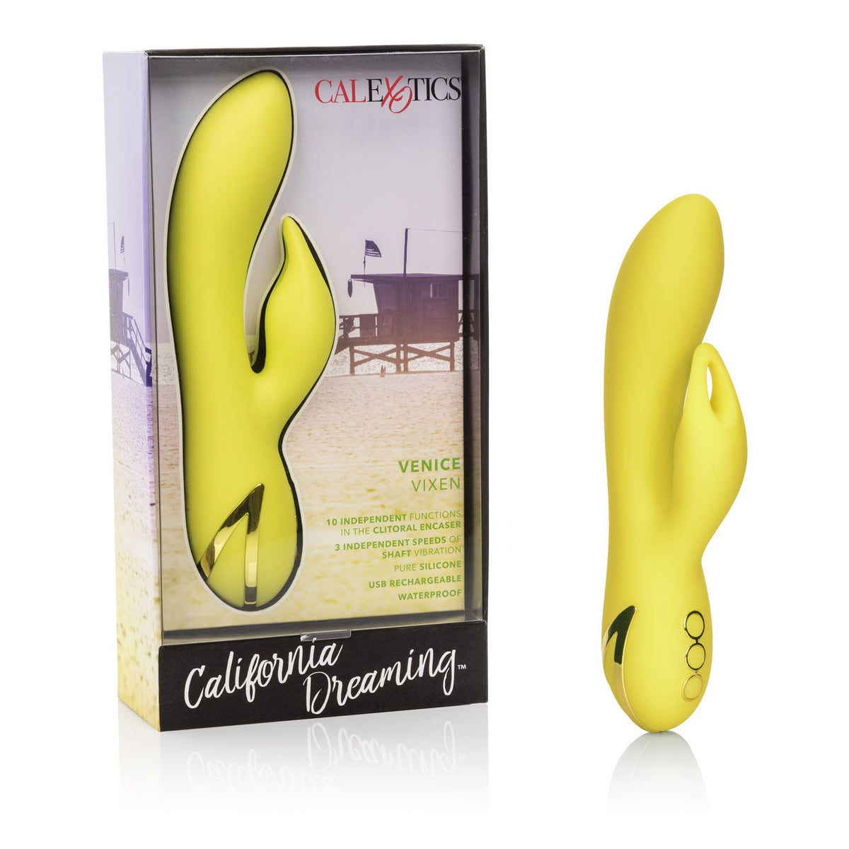 California Dreaming Venice Vixen Yellow Silicone Massager with 10 Vibration Functions and Waterproof Design > Vibrators > Ladies > Rabbit - Tophatter Daily Deals
