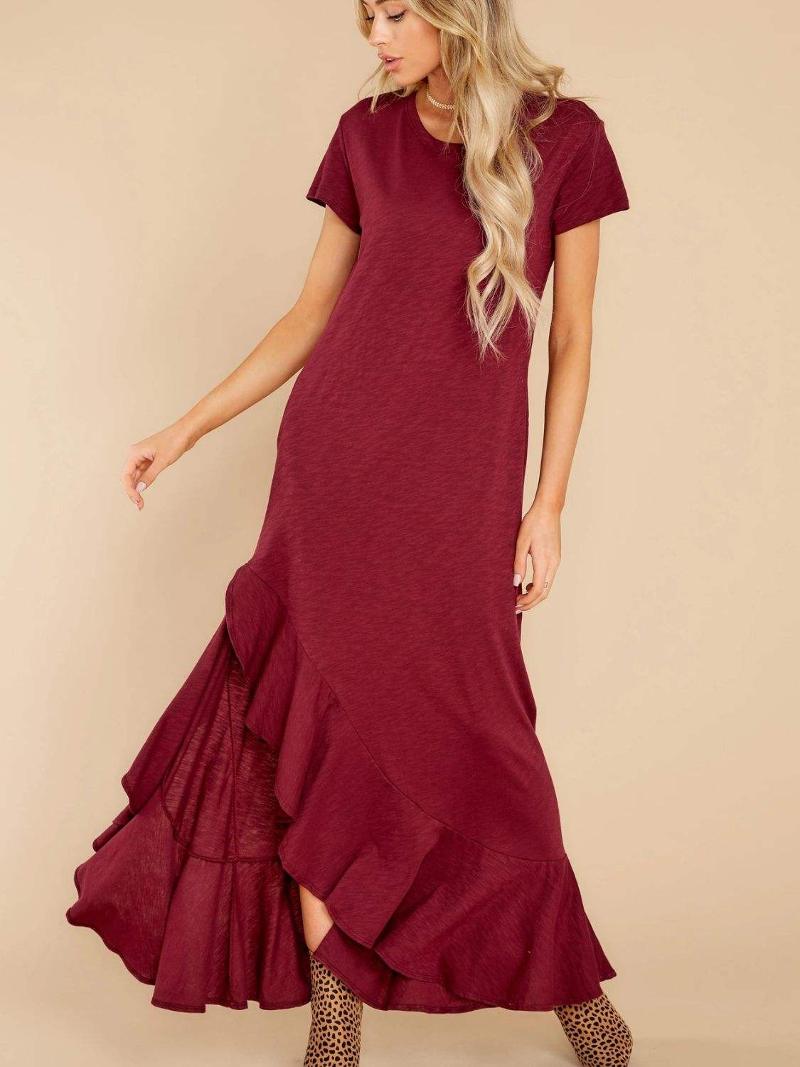 Slit Round Neck Short Sleeve Maxi Dress Burgundy Casual Dresses - Tophatter Daily Deals