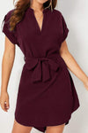 Tied Notched Short Sleeve Dress Wine Casual Dresses - Tophatter Daily Deals