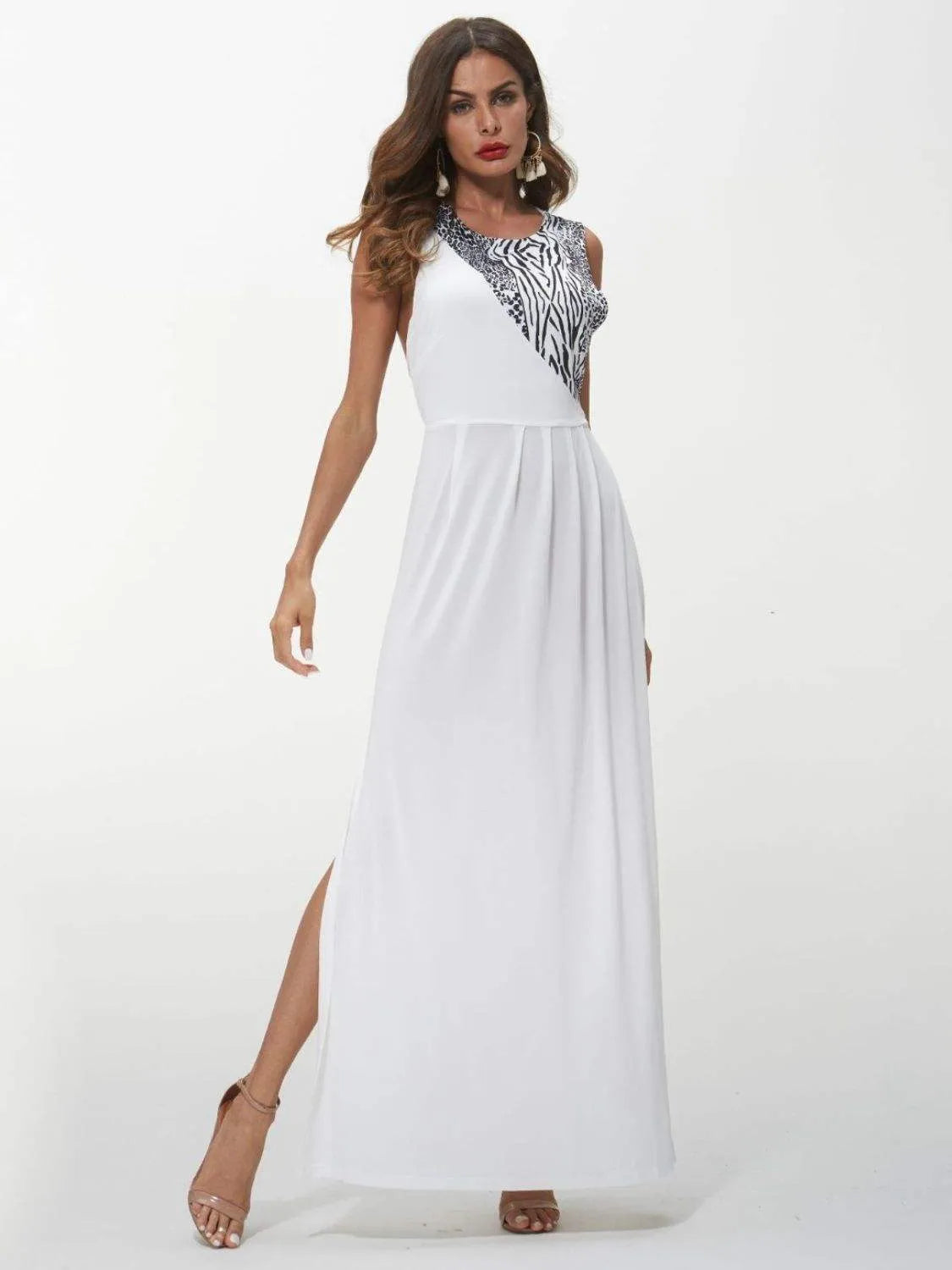 Slit Animal Print Round Neck Dress White Cocktail Dresses - Tophatter Daily Deals