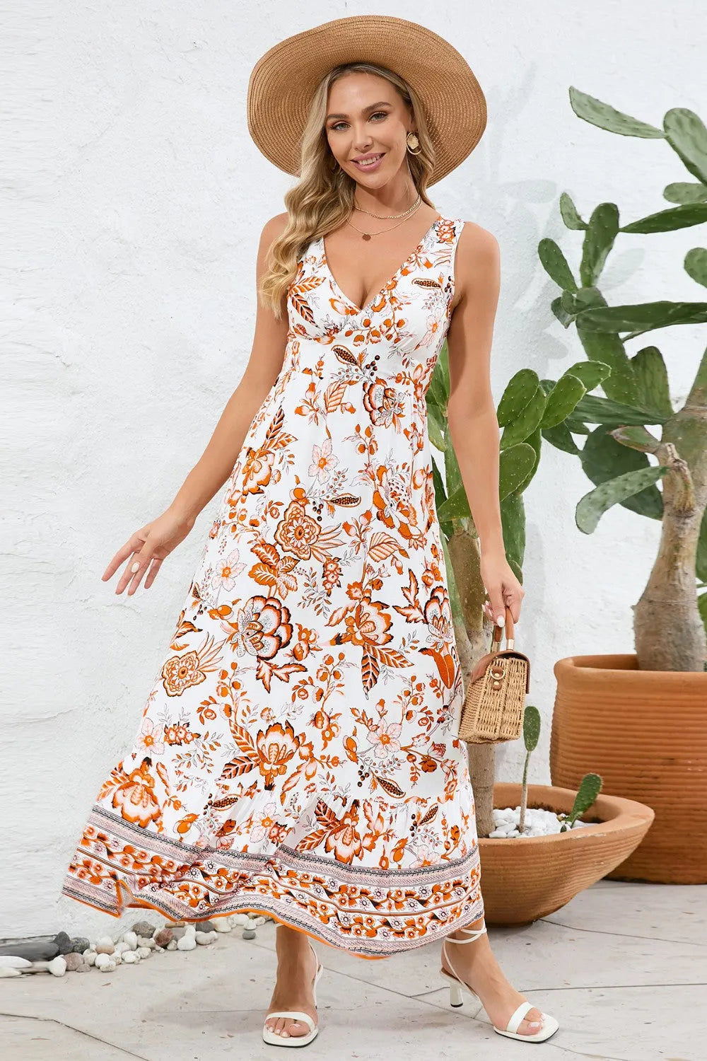 Printed V-Neck Wide Strap Dress Orange Casual Dresses - Tophatter Daily Deals