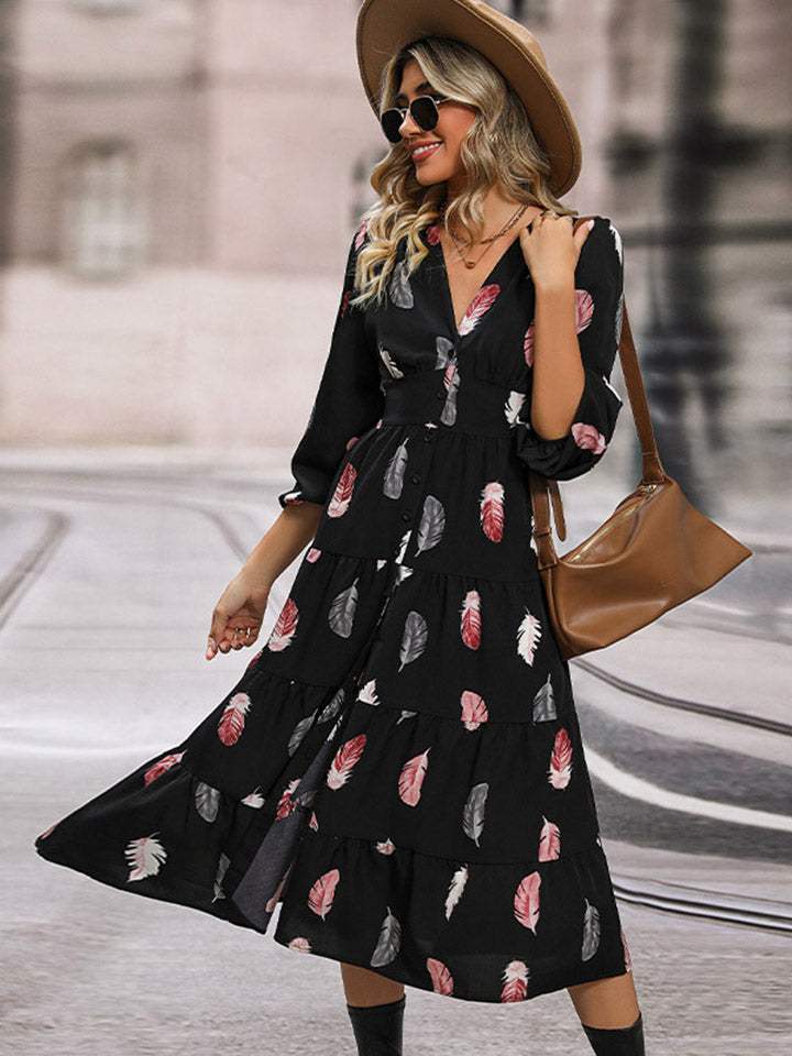 Printed V-Neck Slit Dress Black Casual Dresses - Tophatter Daily Deals