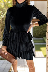 Ruffled Layered Long Sleeve Mini Dress Black Casual Dresses - Tophatter Daily Deals