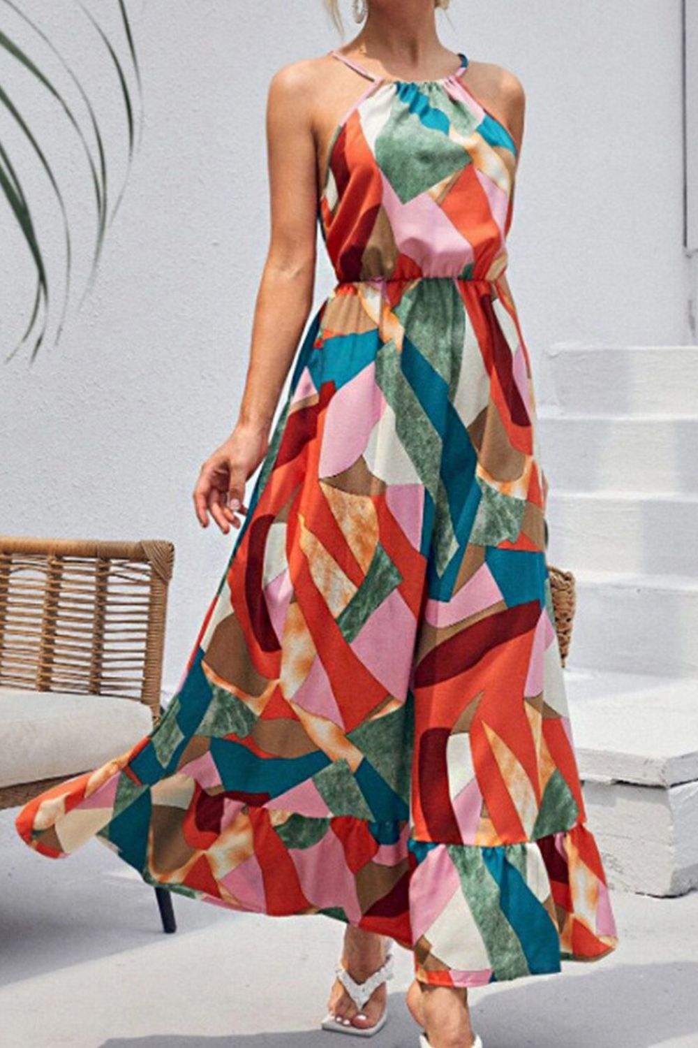 Multicolored Tied Grecian Neck Maxi Dress Multicolor Casual Dresses - Tophatter Daily Deals