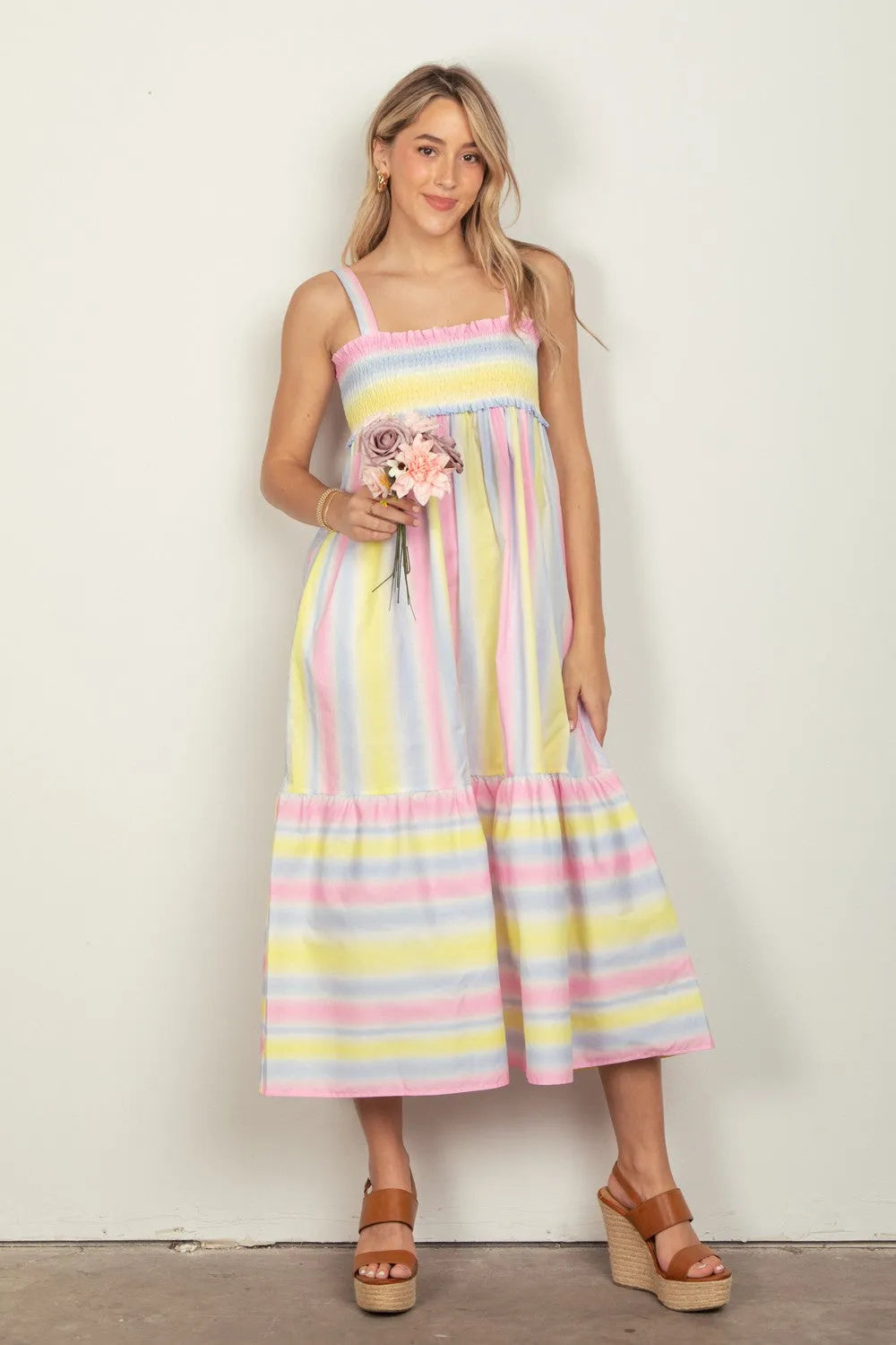 VERY J Striped Woven Smocked Midi Cami Dress PINKCOMBO Casual Dresses - Tophatter Daily Deals