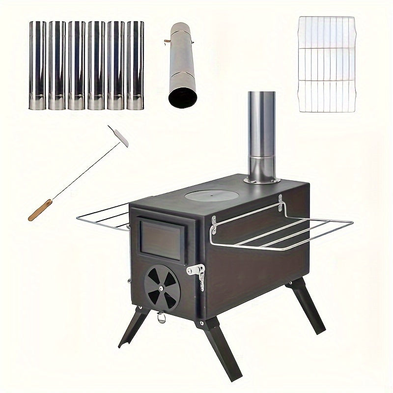 Iron Portable Camping Wood Stove with Chimney Outdoor Grills - Tophatter Daily Deals