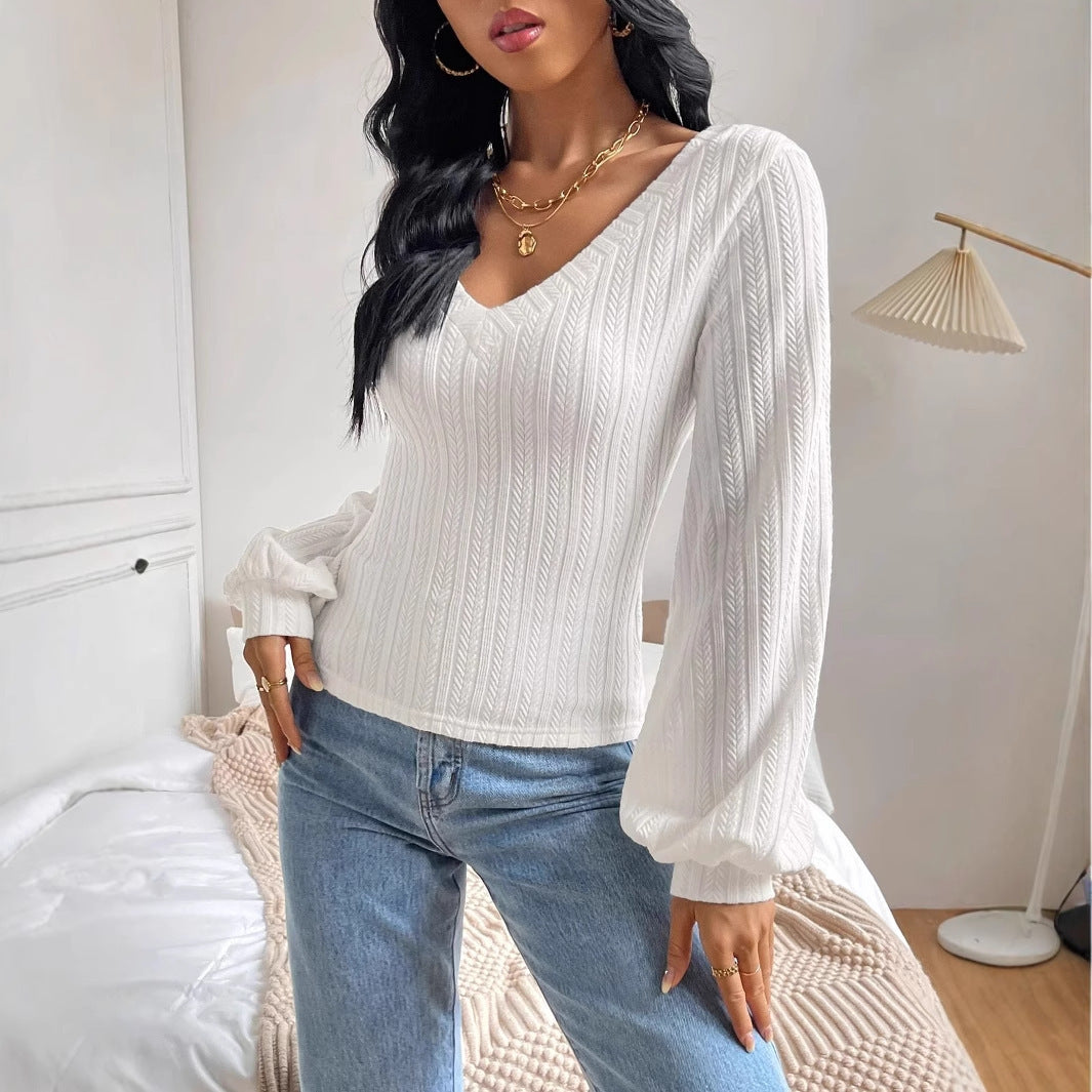 Fitted Womens V Neck Bishop Sleeve Top - Ribbed Knit Casual 3D Changing Face Moving Picture Frame - Tophatter Daily Deals