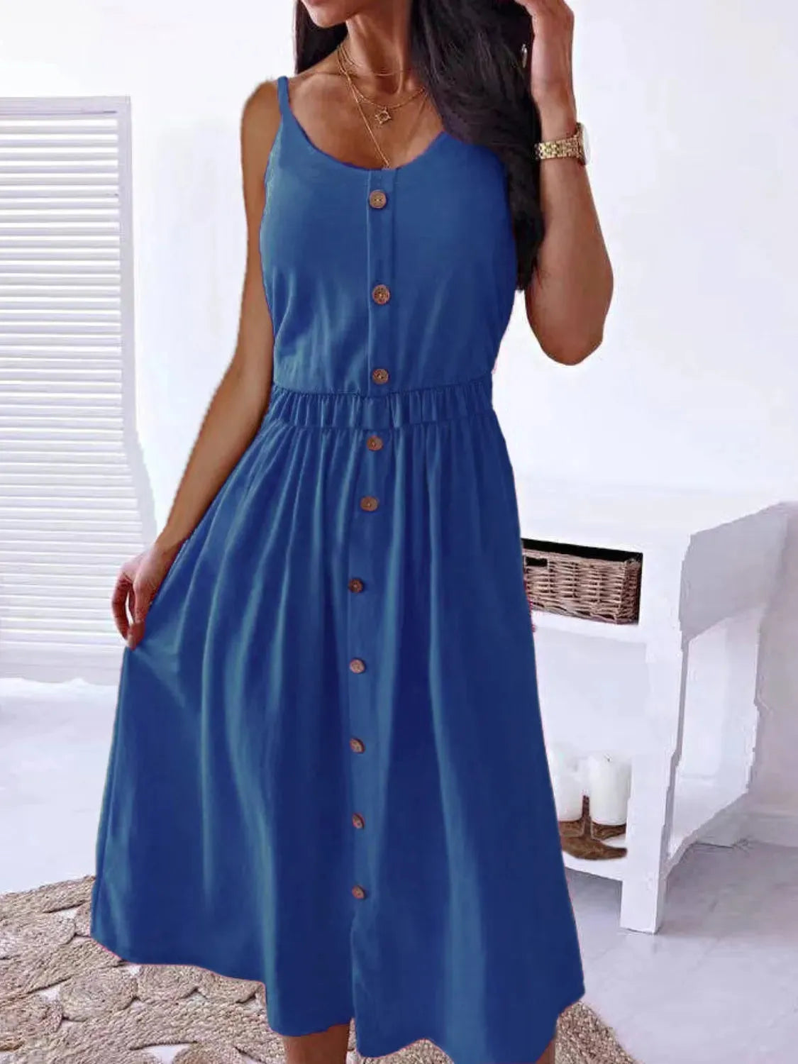Decorative Button Spaghetti Strap Dress Ultra marine Casual Dresses - Tophatter Daily Deals