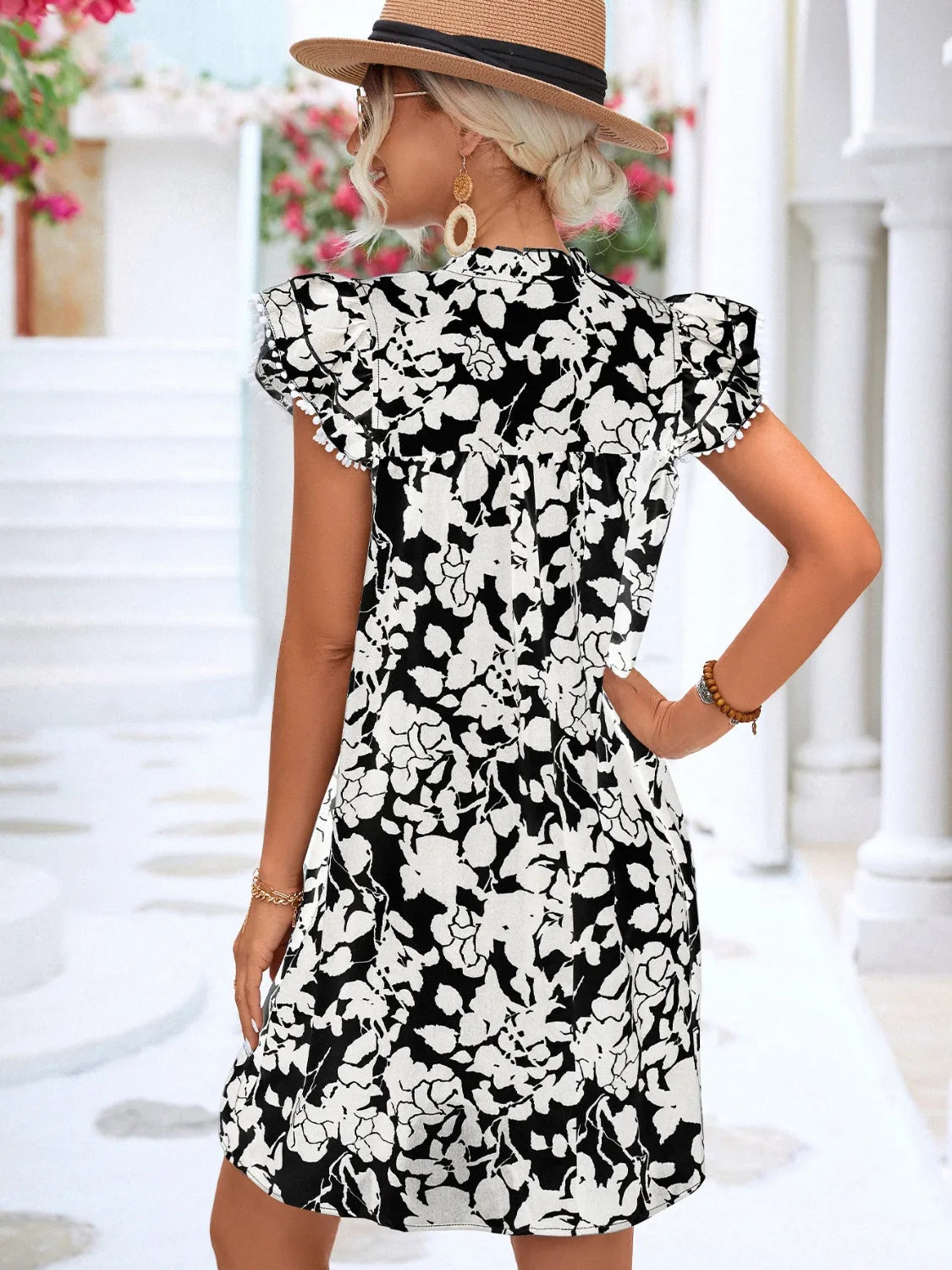 Floral Tie Neck Butterfly Sleeve Dress Casual Dresses - Tophatter Daily Deals