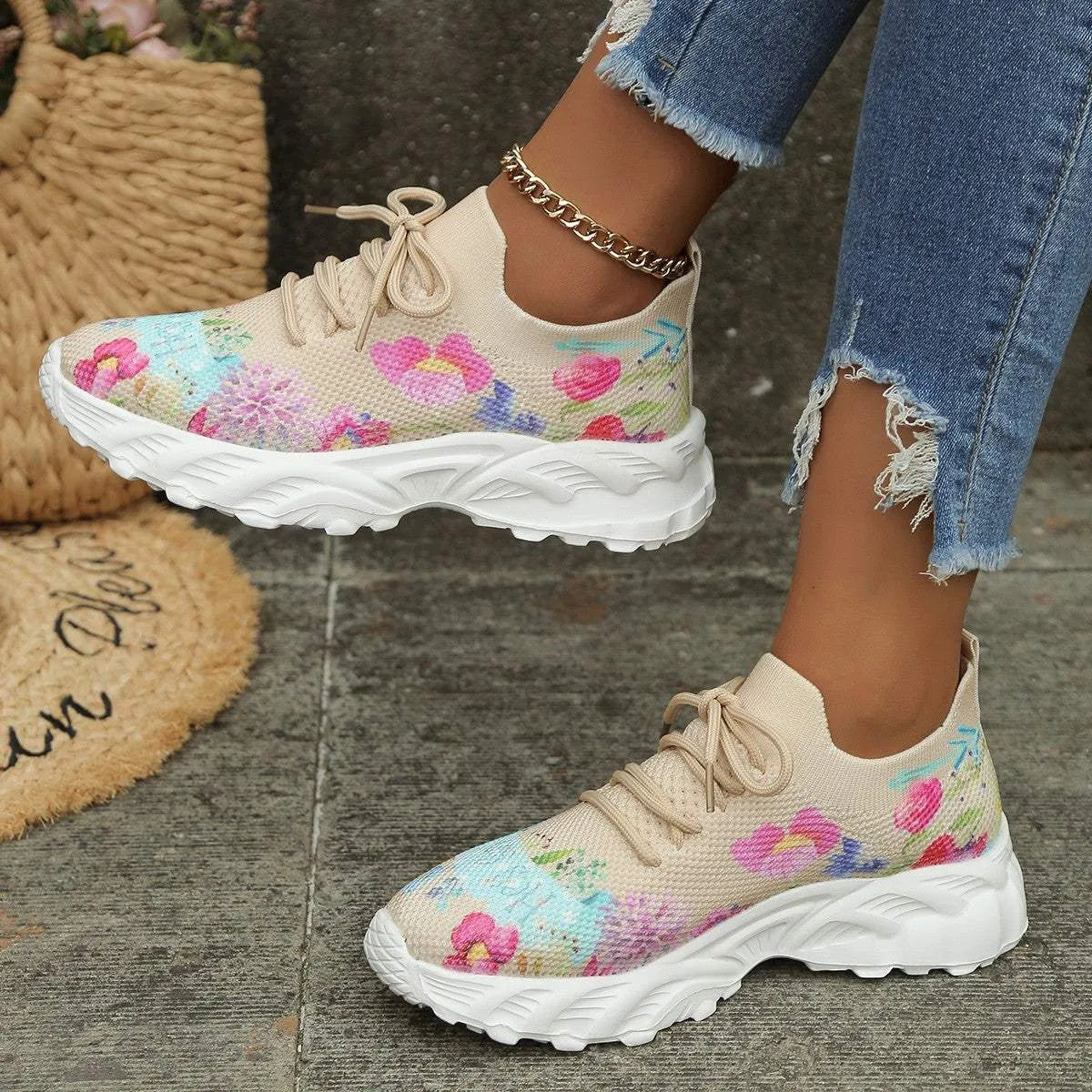 Women's Sports Shoes Flowers Print Walking Sneakers Casual Breathable Lace-up Mesh Shoes Humidifier - Tophatter Daily Deals