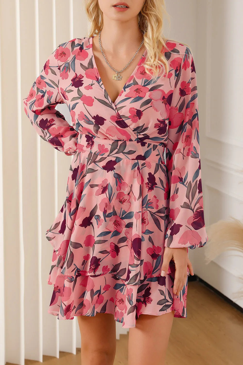 Printed Surplice Balloon Sleeve Mini Dress Casual Dresses - Tophatter Daily Deals