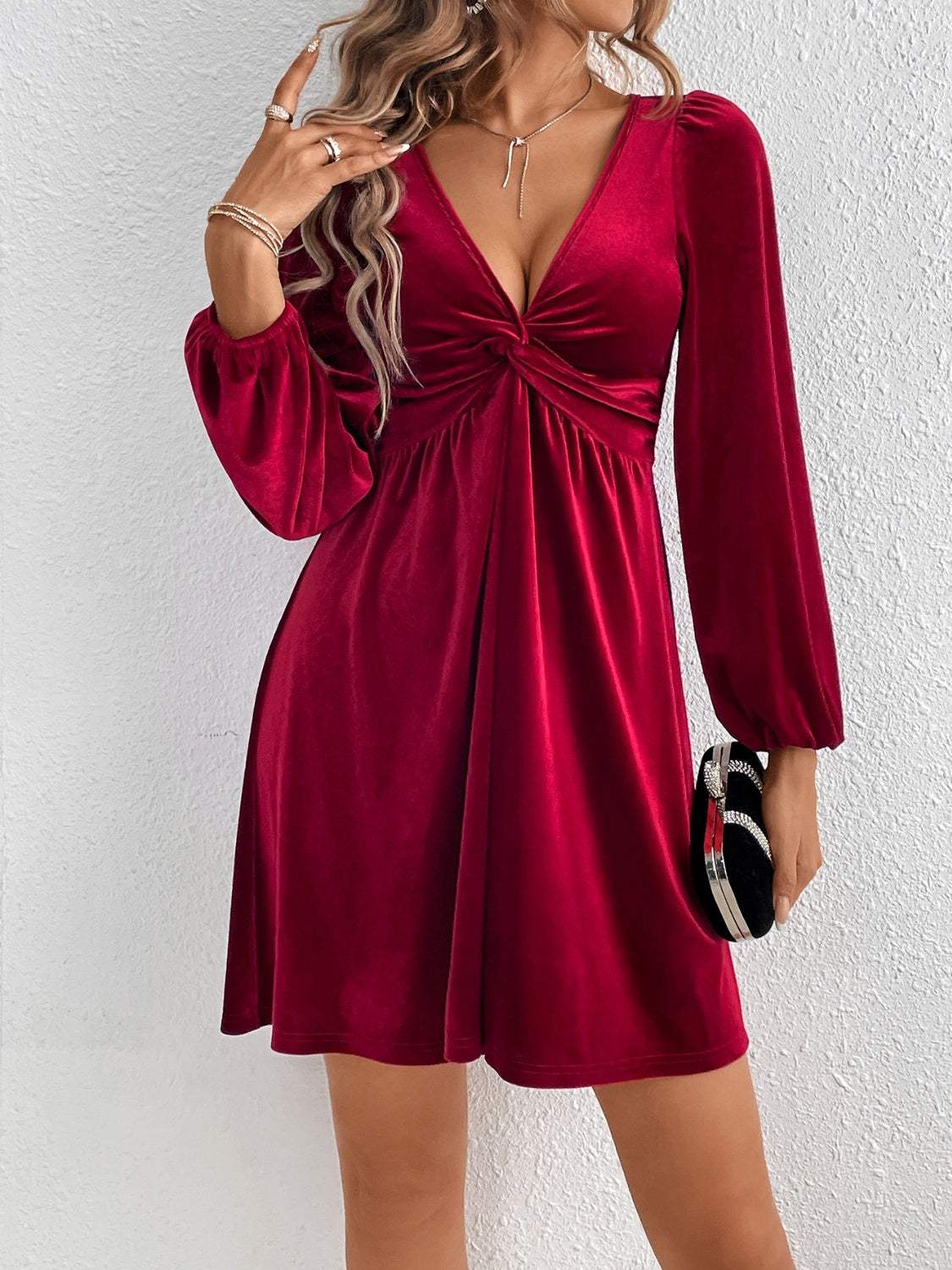 Twisted V-Neck Balloon Sleeve Mini Dress Wine Cocktail Dresses - Tophatter Daily Deals