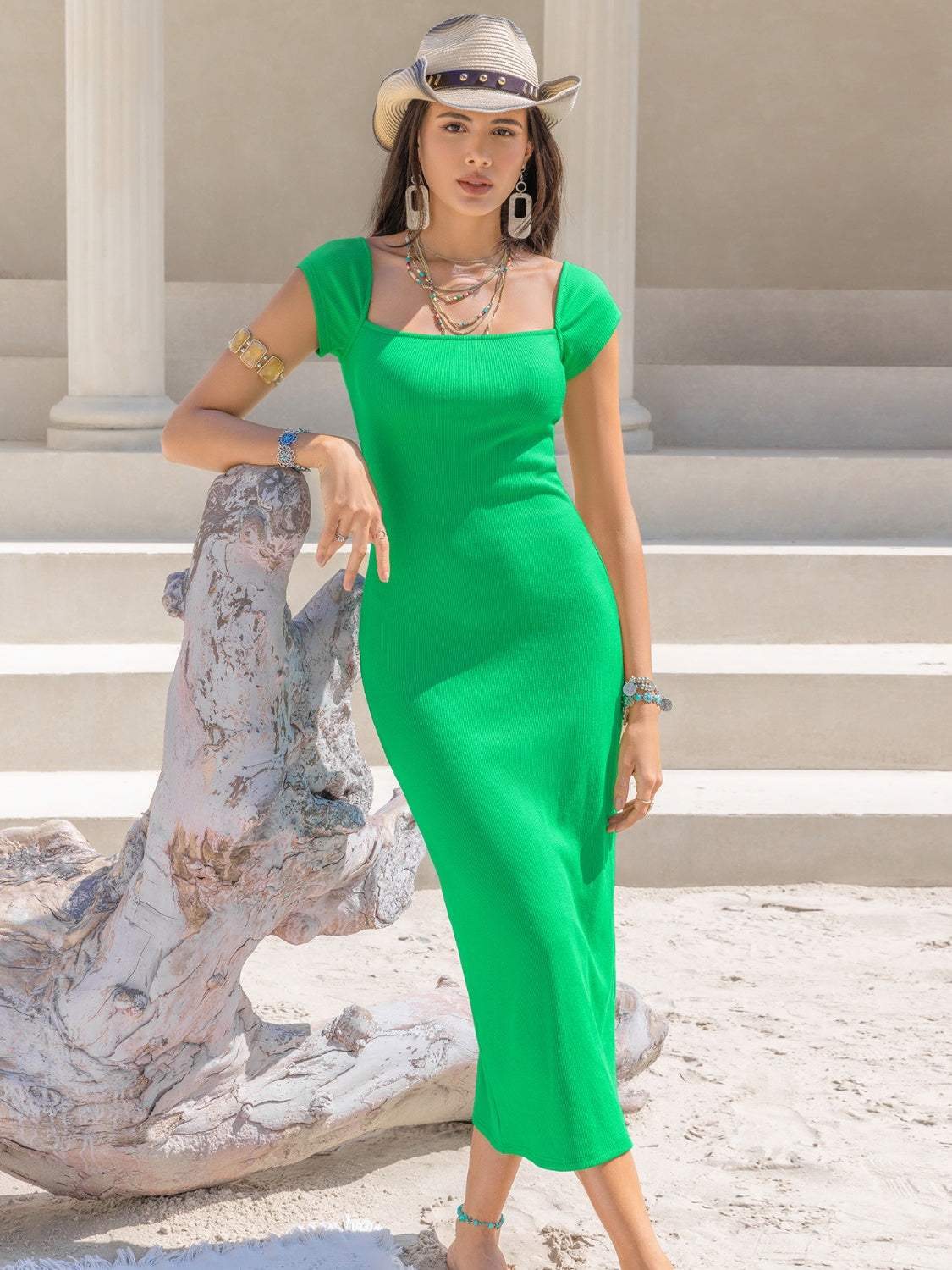 Square Neck Cap Sleeve Midi Dress Green Casual Dresses - Tophatter Daily Deals