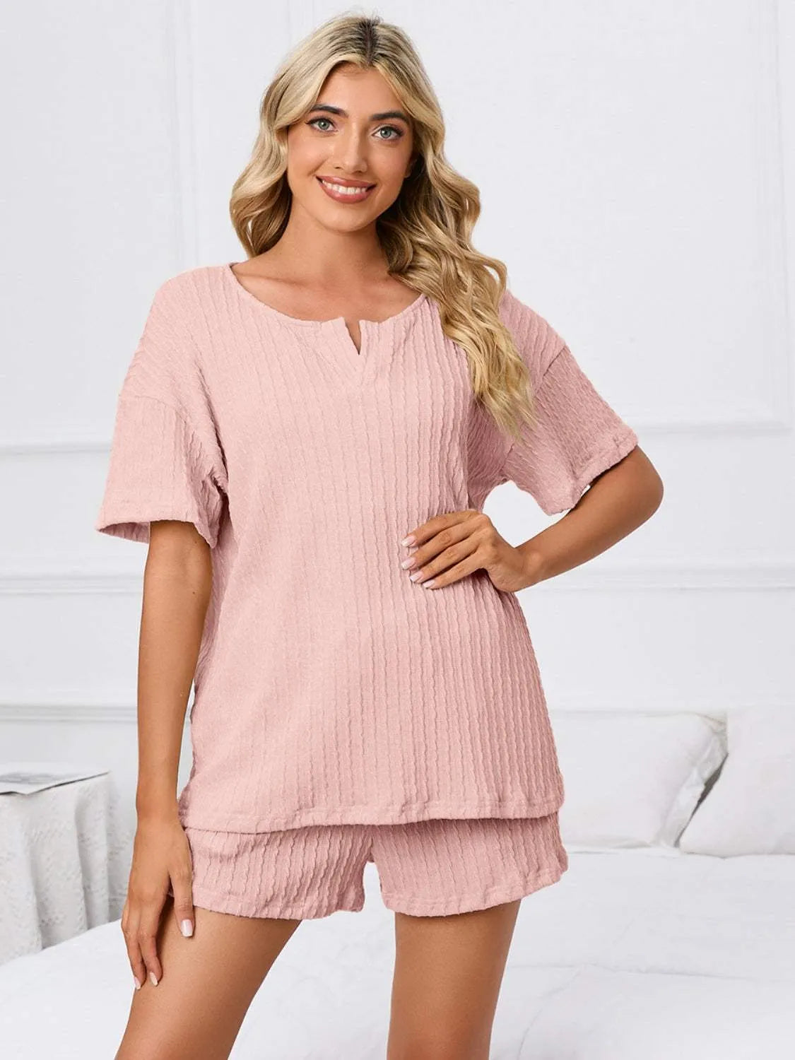Notched Short Sleeve and Shorts Lounge Set Blush Pink Loungewear Sets - Tophatter Daily Deals