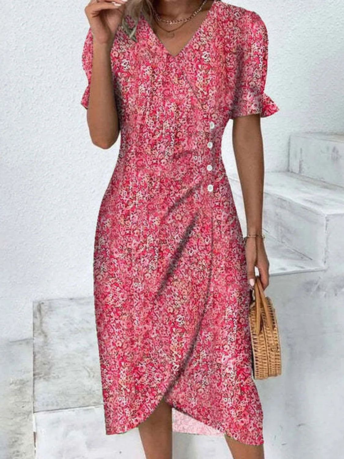 Full Size Printed Surplice Flounce Sleeve Midi Dress Casual Dresses - Tophatter Daily Deals