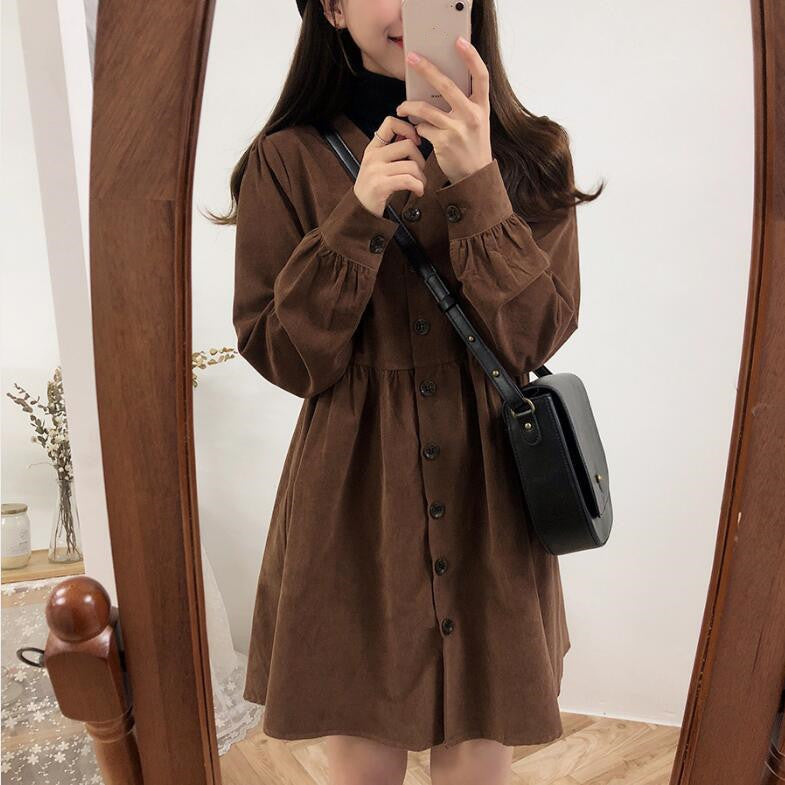 Buttoned Long Sleeve Plus Size Dress Brown 0 - Tophatter Daily Deals