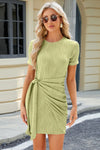 Tied Round Neck Short Sleeve Mini Dress Mist Green Casual Dresses - Tophatter Daily Deals