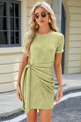 Tied Round Neck Short Sleeve Mini Dress Mist Green Casual Dresses - Tophatter Daily Deals