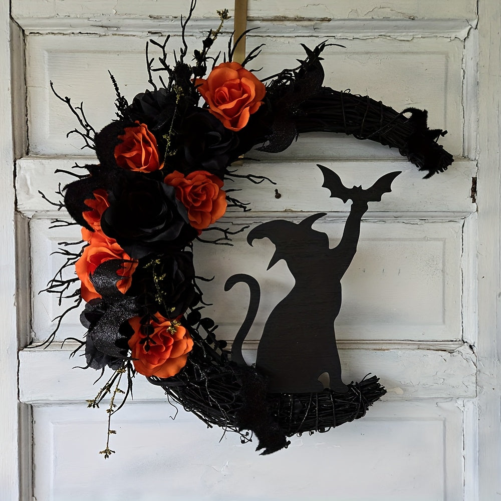 Halloween Witch Cat Moon Wreath Door Decor Halloween - Tophatter Daily Deals