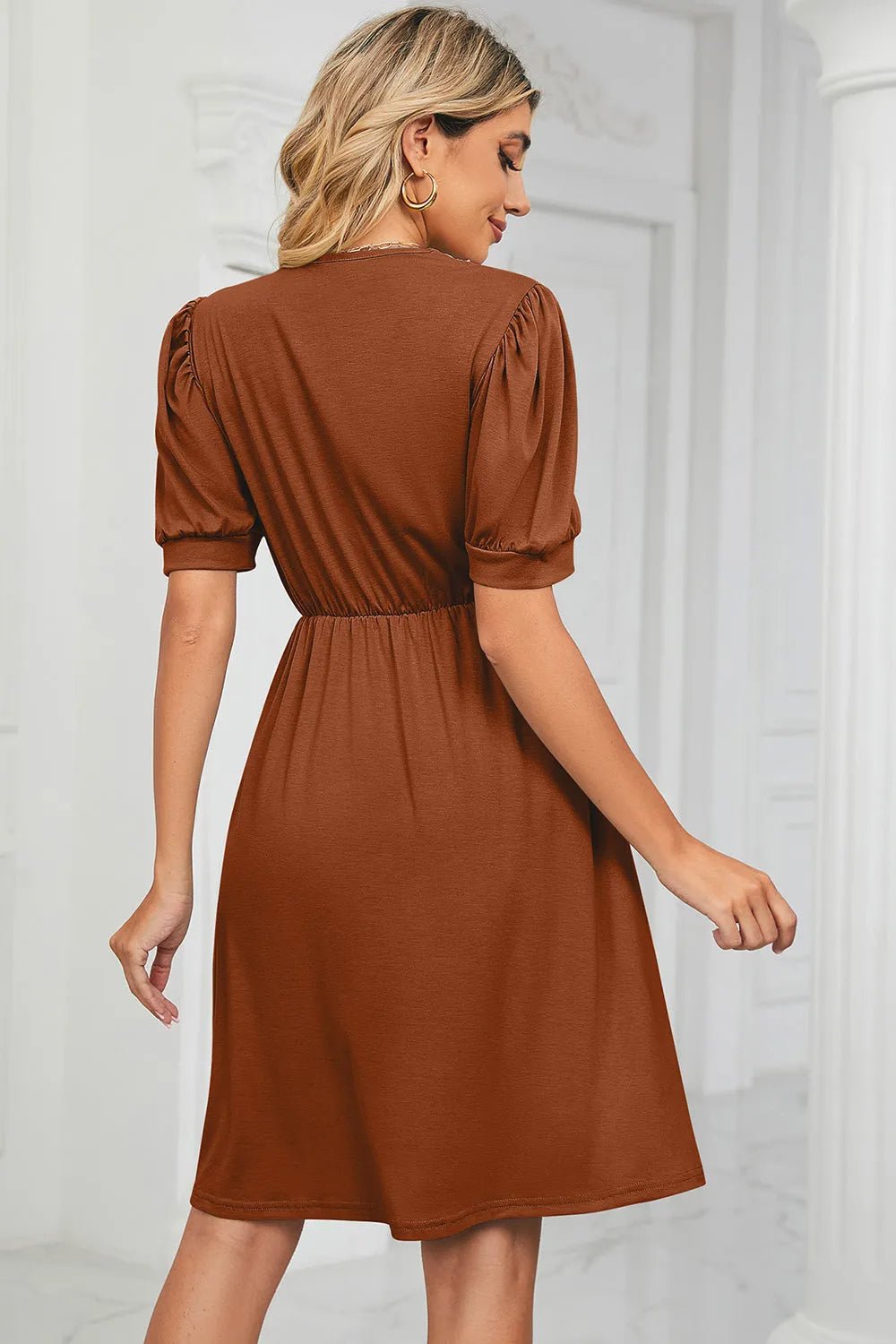 V-Neck Puff Sleeve Dress Casual Dresses - Tophatter Daily Deals