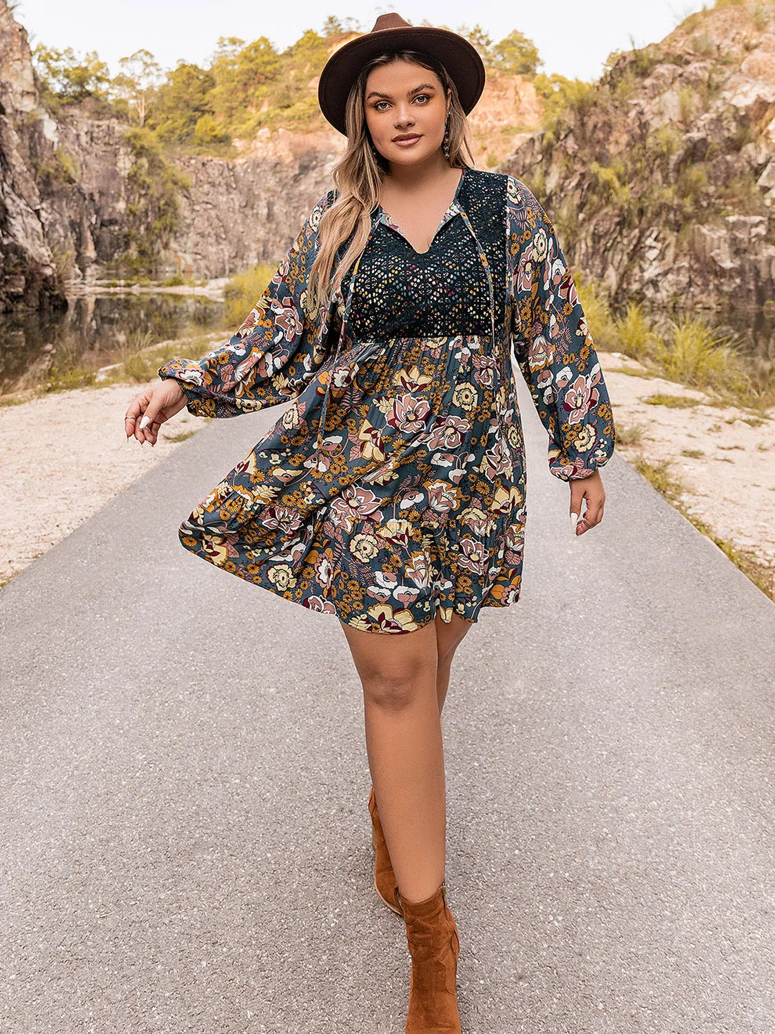 Plus Size Floral Tie Neck Balloon Sleeve Mini Dress Casual Dresses - Tophatter Daily Deals