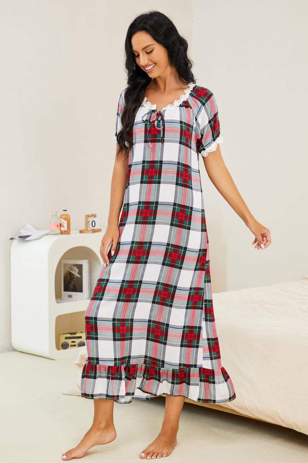 Plaid Lace Trim Ruffle Hem Night Dress Sleep Dresses - Tophatter Daily Deals