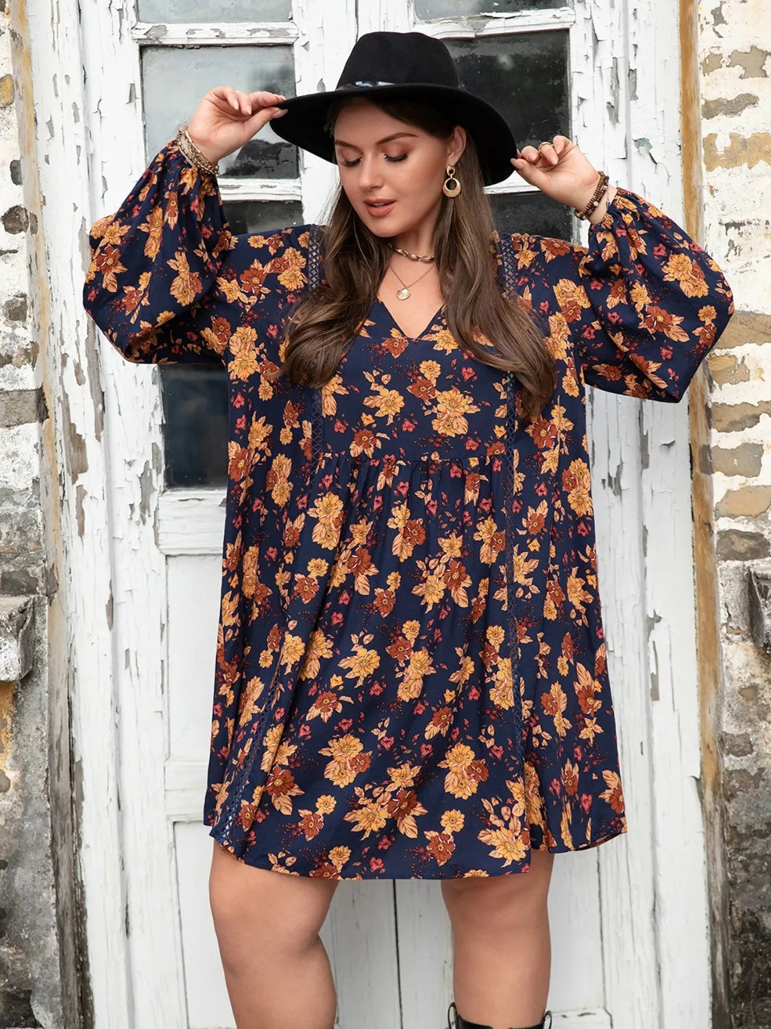 Plus Size Floral V-Neck Balloon Sleeve Dress Navy Casual Dresses - Tophatter Daily Deals