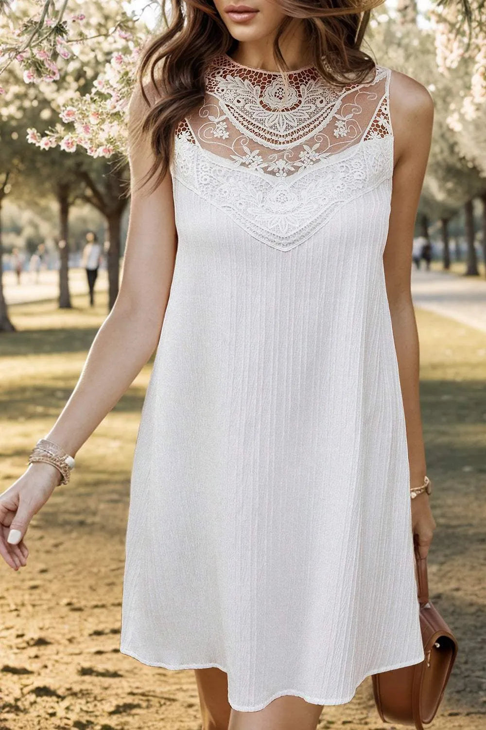 Lace Detail Round Neck Sleeveless Dress White Casual Dresses - Tophatter Daily Deals