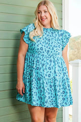Plus Size Ruffled Leopard Cap Sleeve Mini Dress Pastel Blue Casual Dresses - Tophatter Daily Deals