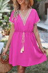 Tassel V-Neck Short Sleeve Dress Hot Pink Casual Dresses - Tophatter Daily Deals