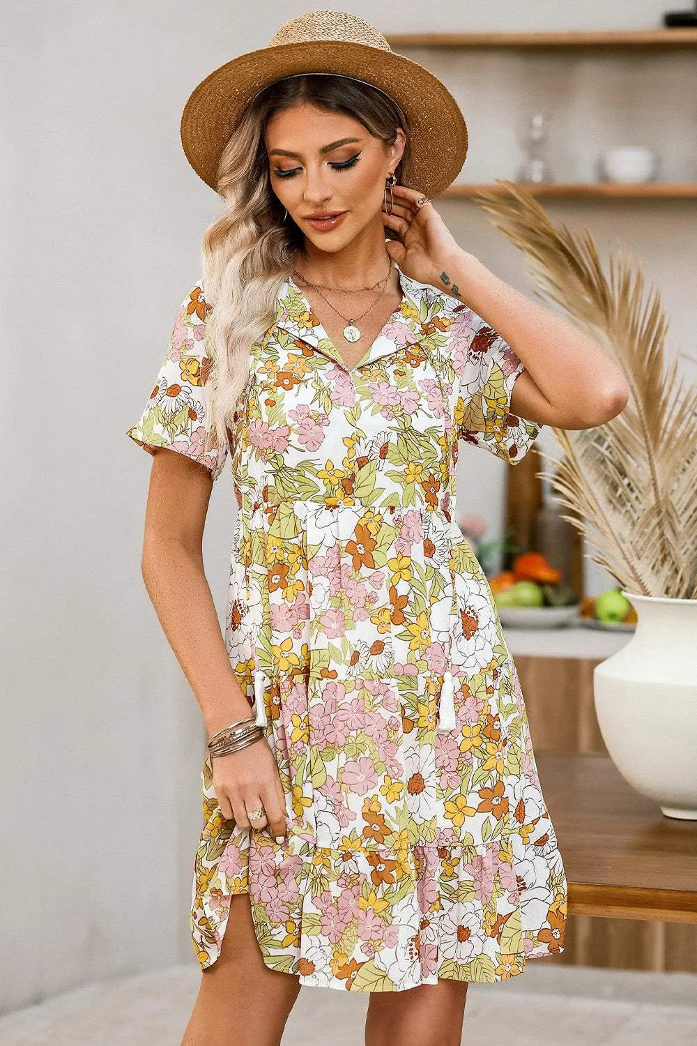 Tie Neck Tiered Mini Dress Casual Dresses - Tophatter Daily Deals