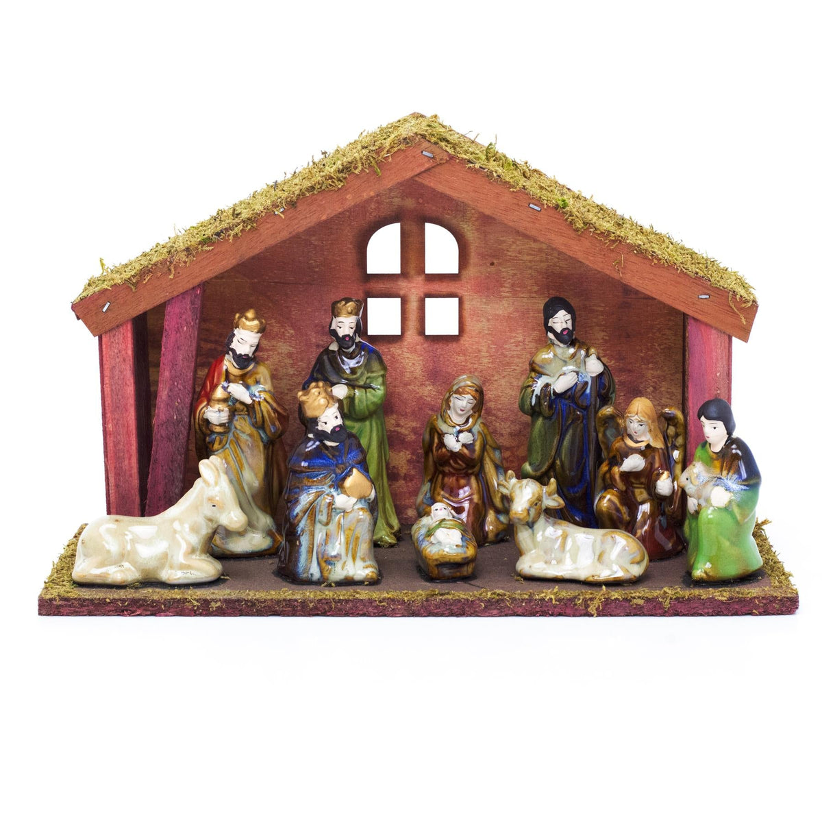 11-Piece Traditional Nativity Set with 10 Ceramic Figures & Wooden Stable - 30cm Nativity Set - Tophatter Daily Deals