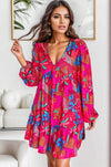 Printed Balloon Sleeve Mini Dress Deep Rose Casual Dresses - Tophatter Daily Deals