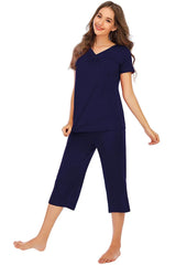 V-Neck Short Sleeve Top and Pants Lounge Set Loungewear Sets - Tophatter Daily Deals