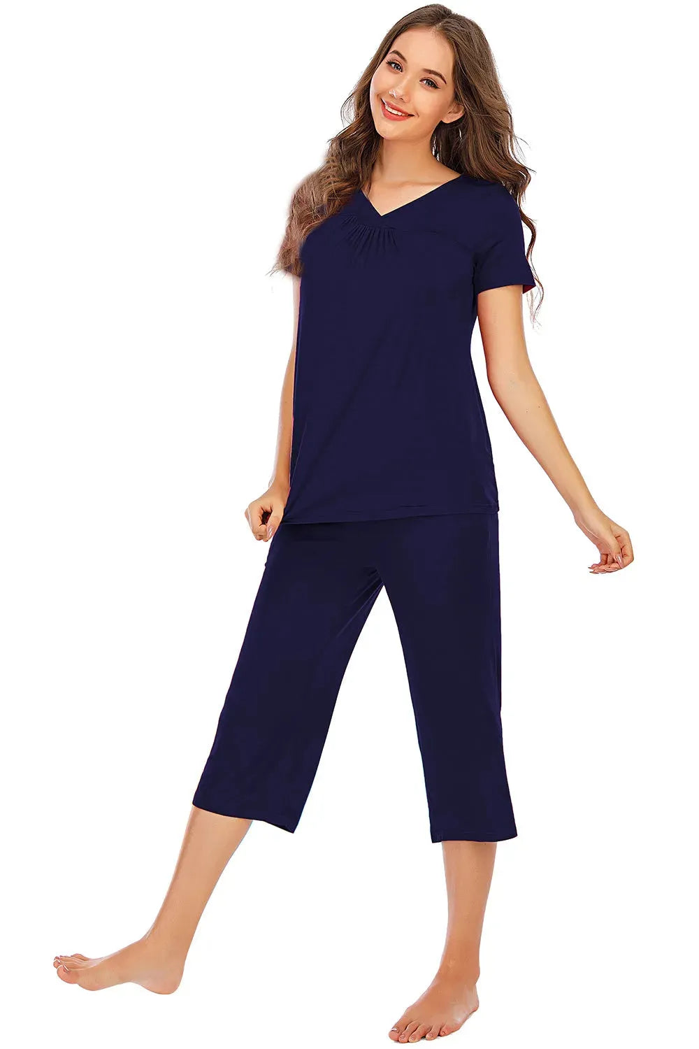 V-Neck Short Sleeve Top and Pants Lounge Set Loungewear Sets - Tophatter Daily Deals