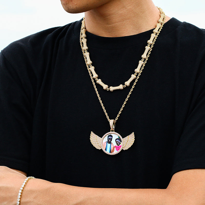 Angel Wings Medallions Custom Photo Pendant Necklace For Men Hip Hop Jewelry Iced Out Pendant Custom Engraved Name Memory Gift 7 - Tophatter Daily Deals